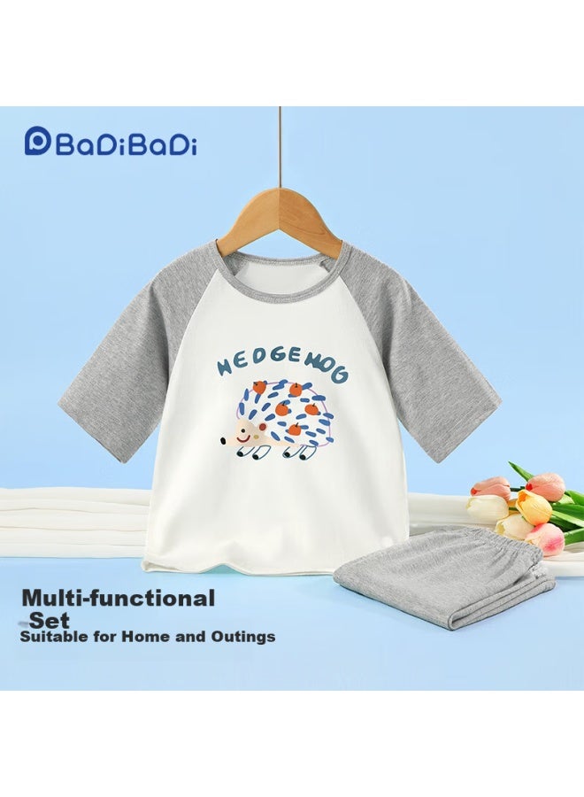 Badibadi Summer Infant And Toddler Home Wear, Pure Cotton Pajama Set, Boys And Girls Air Conditioning Clothes, Floral Gray, Apple Hedgehog, Size 110 - Image 1