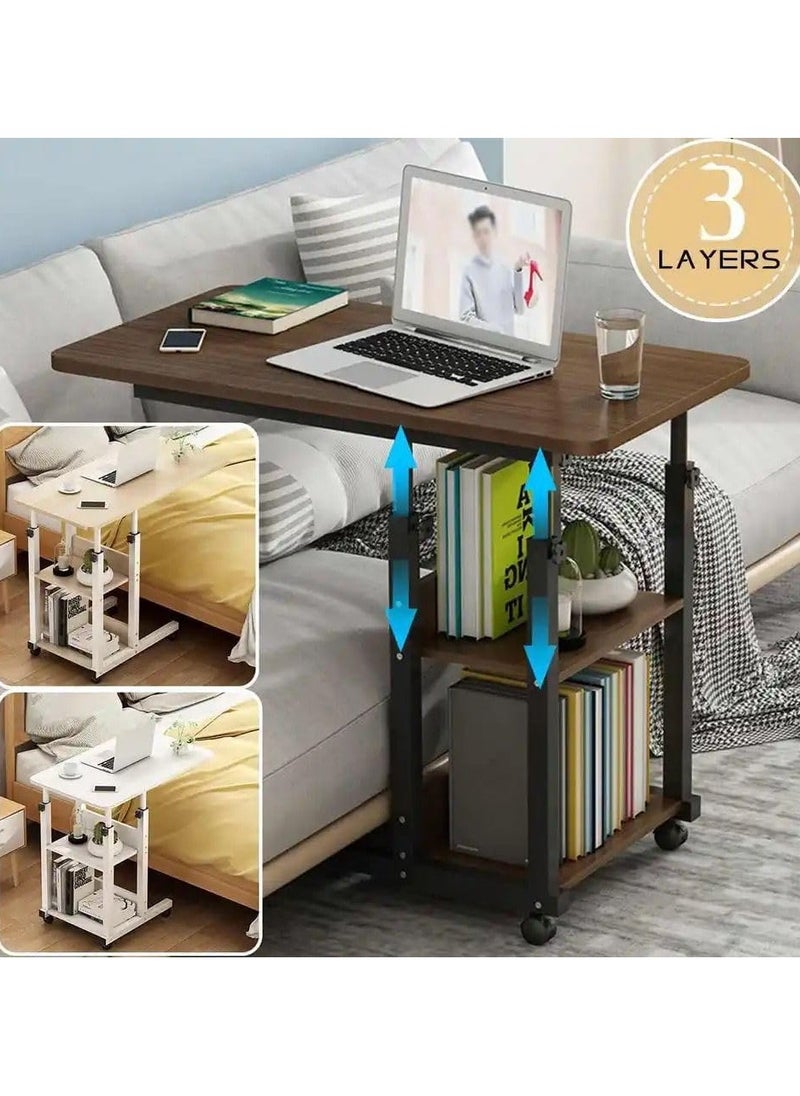 Yameem Bedside Table Side Table with Wheels Movable Sofa End Table Height Adjustable Bedside Table Laptop Rolling Cart C Shaped TV Tray with Storage Shelves (BROWN)