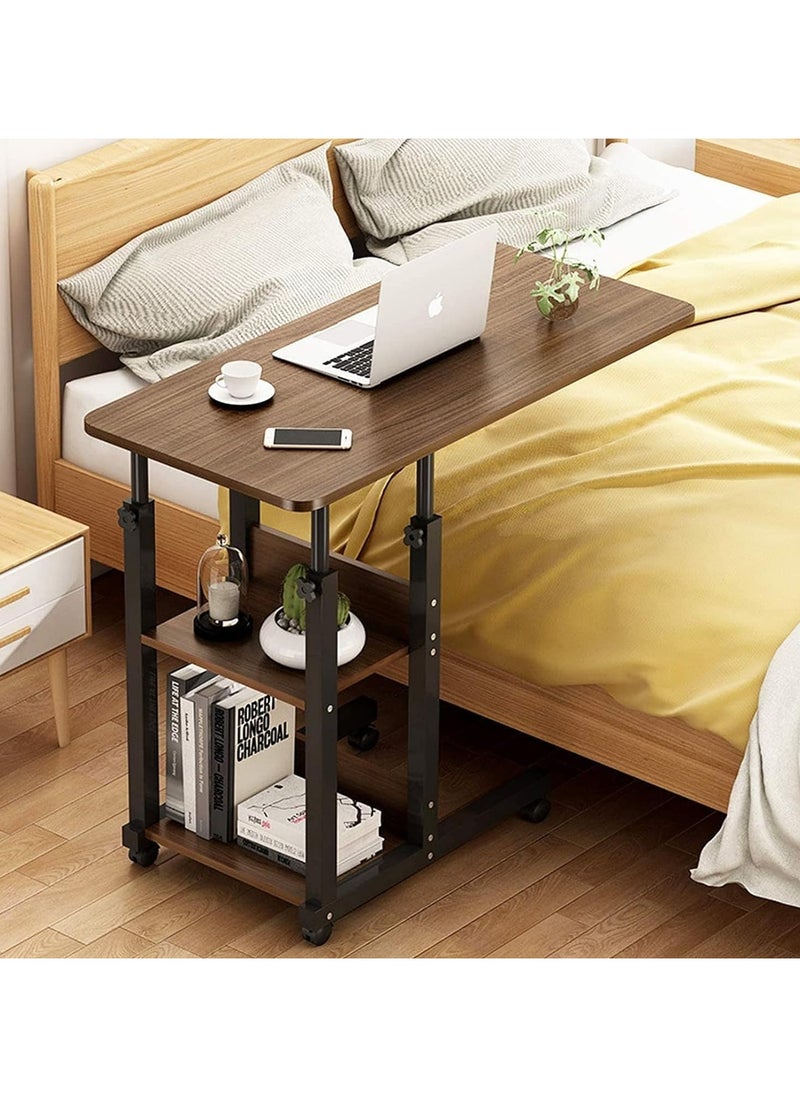 Yameem Bedside Table Side Table with Wheels Movable Sofa End Table Height Adjustable Bedside Table Laptop Rolling Cart C Shaped TV Tray with Storage Shelves (BROWN)