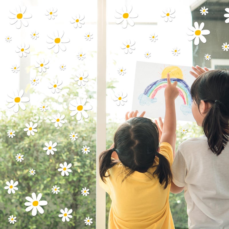 Whaline 154pcs Daisy Flower Window Clings White Boho Daisy Floral Cute Reusable Window Decals for Nursery Home Office School Retro Hippie Party Decor - Image 3