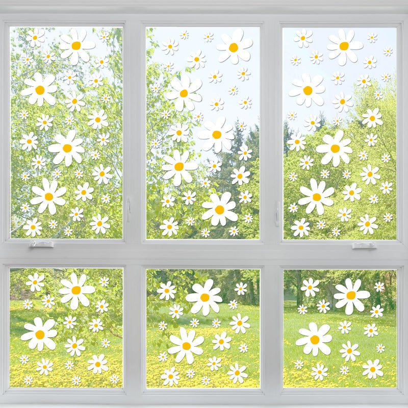 Whaline 154pcs Daisy Flower Window Clings White Boho Daisy Floral Cute Reusable Window Decals for Nursery Home Office School Retro Hippie Party Decor - Image 2