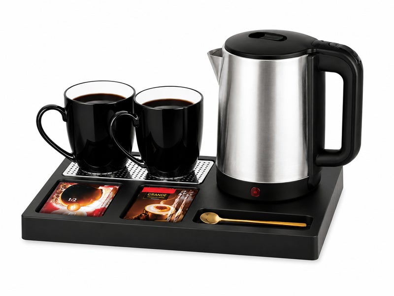 2.0L Hotel Beverage Kettle Set with 2 Ceramic Cups, Serving Tray, Fast Boiling, Dry Boil Protection and Auto Shut Off for Hotel Rooms Office Pantry Guest Rooms and Home Use