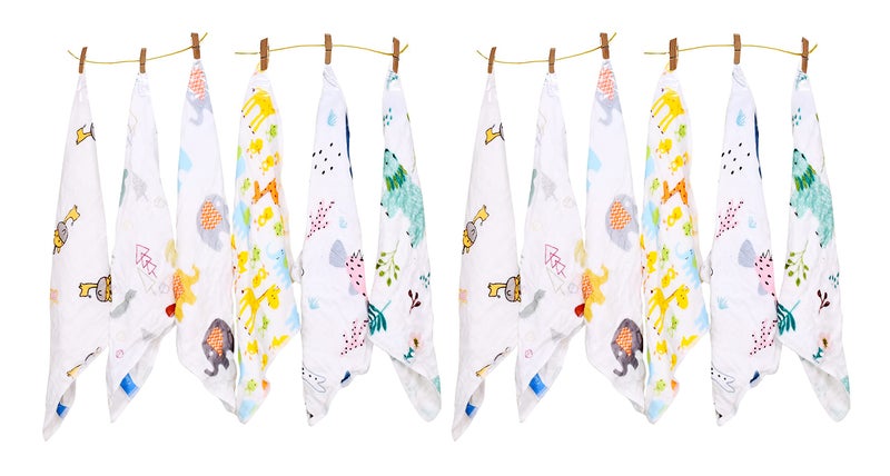THE LITTLE LOOKERS Muslin 4 Layer | 12-Piece Soft Organic Cotton Muslin Newborn Face Towels/Washcloths in Cute Random Prints (Multi - Pack of 12) - Image 1