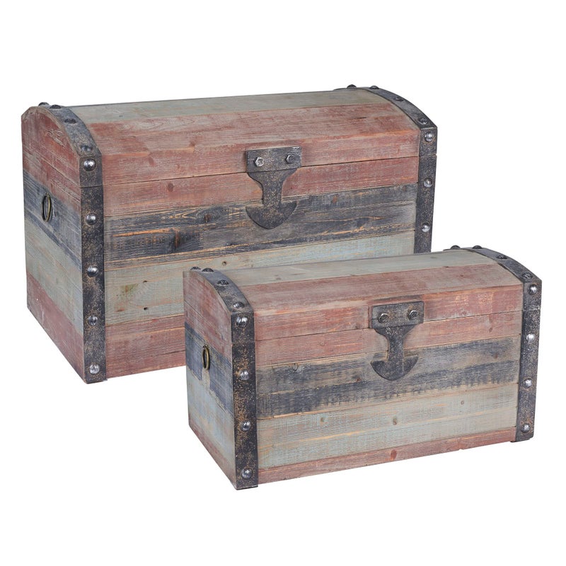 Household Essentials Household Essentials Wooden Storage Trunk Set Large and Small Domed Chest Weathered Wood with Paint Finish Hinged Lid with Metal Accents 