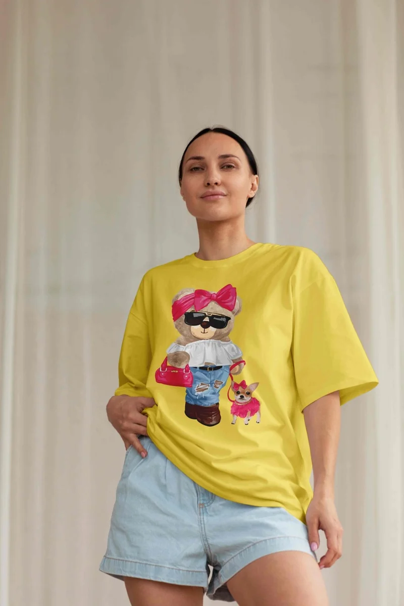 DogFish Teddy Jersey T-Shirt - Yellow Printed Oversize Crew Neck Short Sleeve T-Shirt