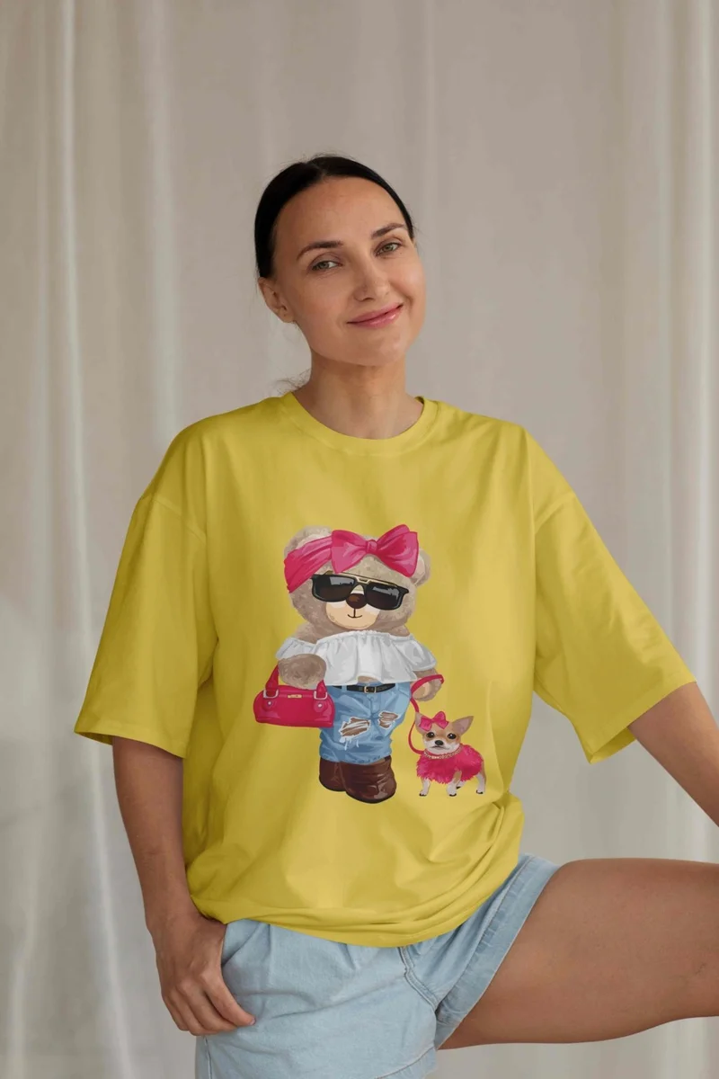 DogFish Teddy Jersey T-Shirt - Yellow Printed Oversize Crew Neck Short Sleeve T-Shirt