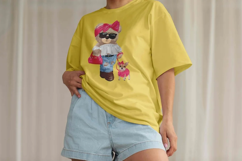 DogFish Teddy Jersey T-Shirt - Yellow Printed Oversize Crew Neck Short Sleeve T-Shirt
