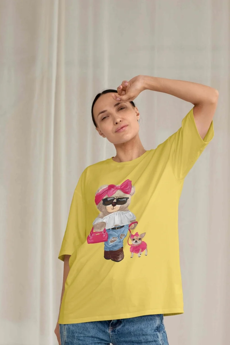 DogFish Teddy Jersey T-Shirt - Yellow Printed Oversize Crew Neck Short Sleeve T-Shirt