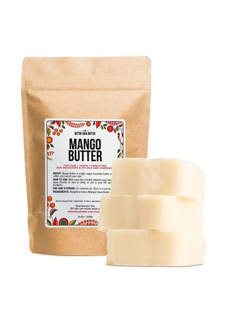 Raw Mango Butter | 100% Natural, Extracted from Mango Seed | Skin and Hair Moisturizer | Use with Shea in DIY Whipped Body Butter, Lotion, Lip Gloss and Soap Making | 1 LB block