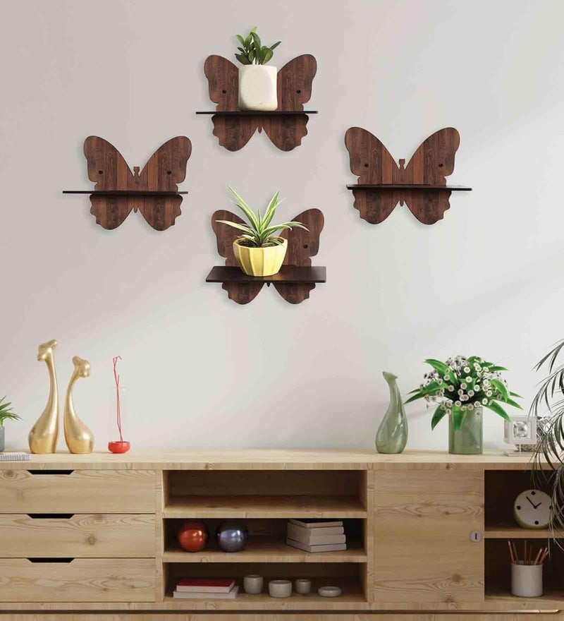 Crystalsign Crystalsign Shelf in Butterfly Style for Wall Hanging for Living Room Bedroom and Home Decoration MDF Medium Density Fiber Wall Shelf Number of Shelves4 6 inch X 6 inch Brown