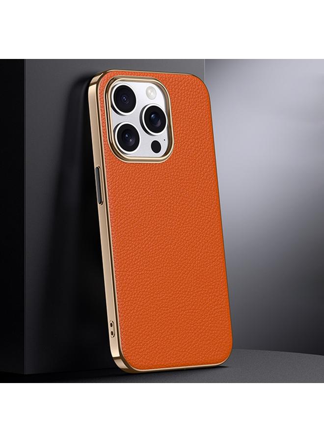 S-TOP Case For iPhone 16 Pro First Layer Cowhide Leather Electroplated PC Phone Case - Image 1