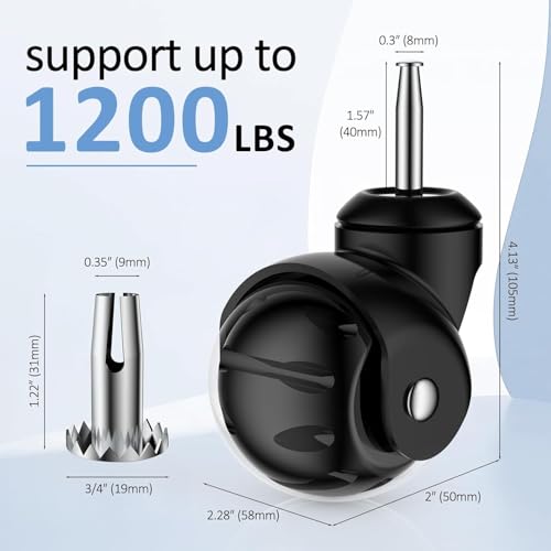 Apllamo 2 Inch Ball Caster Wheels - Stem Casters Set of 4,Heavy Duty 1200 LBS,360° Swivel,Non Marking Polyurethane,Black Replacement Castors for Furniture, Cabinet, Cart,Coffee Table (Premium Black) - Image 2