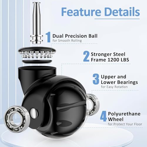 Apllamo 2 Inch Ball Caster Wheels - Stem Casters Set of 4,Heavy Duty 1200 LBS,360° Swivel,Non Marking Polyurethane,Black Replacement Castors for Furniture, Cabinet, Cart,Coffee Table (Premium Black) - Image 3