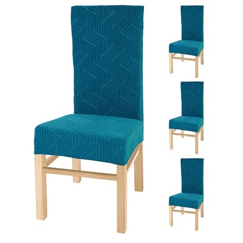 Yellow Weaves Elastic Stretchable Dining Chair Covers, Removable Washable Elastic Self Jacquard Dining Chair Covers (Set of 4, Peacock Blue) - Image 1