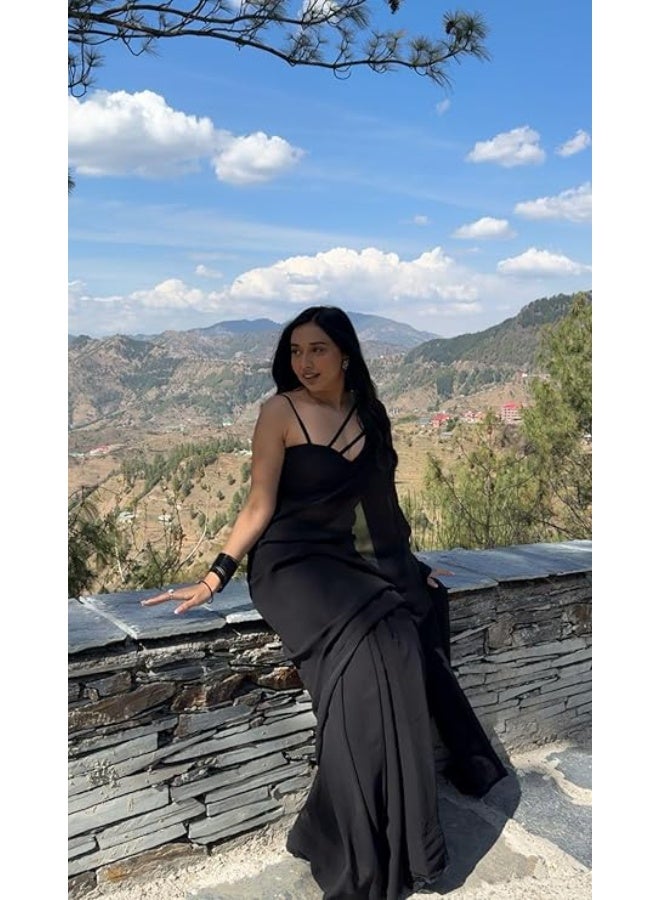 Sidhidata ساري نسائي سادة من قماش الجورجيت من سيديداتا، جاهز للارتداء في دقيقة واحدة، مع قطعة بلوزة غير مخيطة. - Image 3