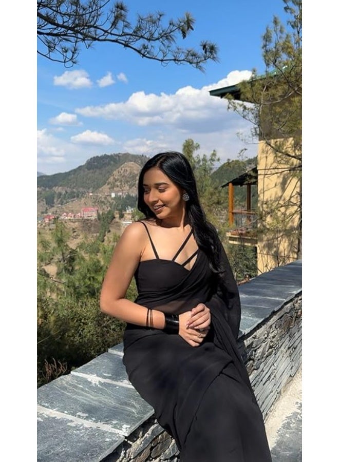 Sidhidata ساري نسائي سادة من قماش الجورجيت من سيديداتا، جاهز للارتداء في دقيقة واحدة، مع قطعة بلوزة غير مخيطة. - Image 4