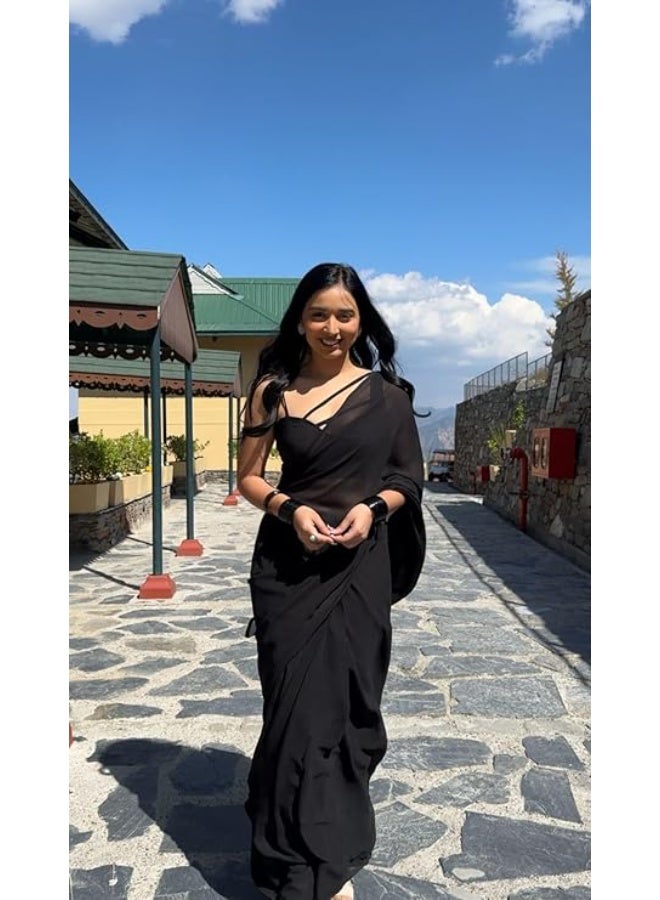 Sidhidata ساري نسائي سادة من قماش الجورجيت من سيديداتا، جاهز للارتداء في دقيقة واحدة، مع قطعة بلوزة غير مخيطة. - Image 2