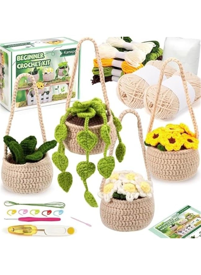 TRASSLE Crochet Kit for Beginners, Crochet Starter Kits for Adults and Kids Amigurumi Craft Knitting Crochet Kits Gift with Step-by-Step Video Tutorials, 4 Pack Hanging Potted Plants Family  - Image 1