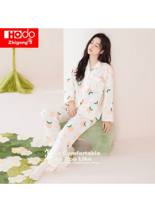 Hongdou Women's Autumn Long Sleeve Gauze Pajamas Breathable Fresh Printed Lapel Homewear Cotton Bud Beige 175 - Image 2
