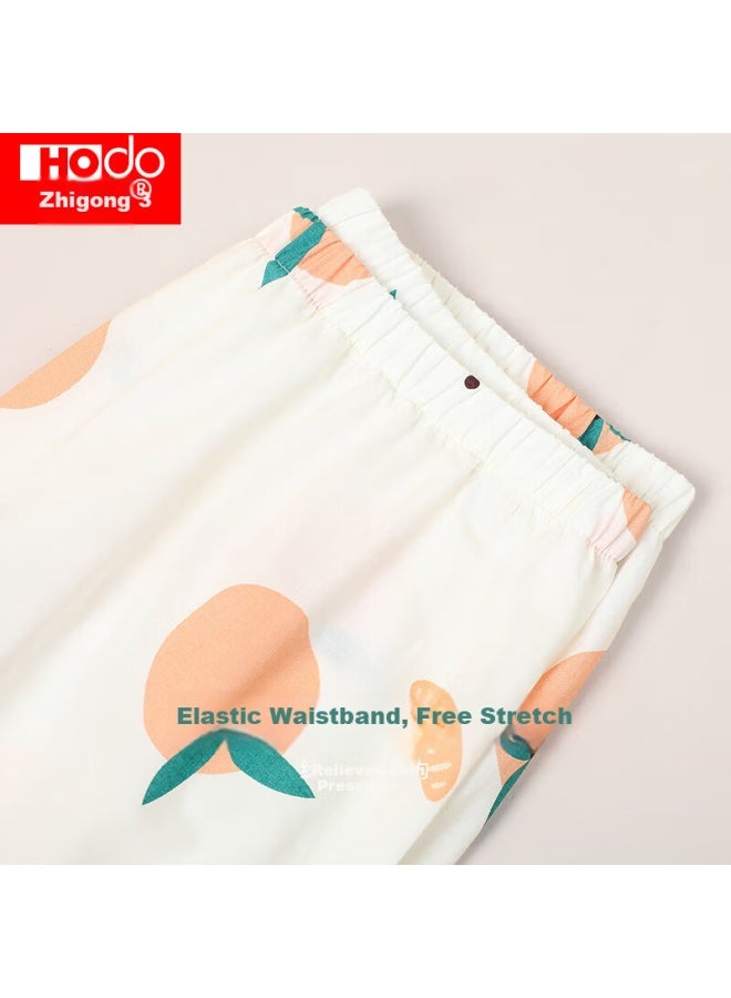 Hongdou Women's Autumn Long Sleeve Gauze Pajamas Breathable Fresh Printed Lapel Homewear Cotton Bud Beige 175 - Image 5