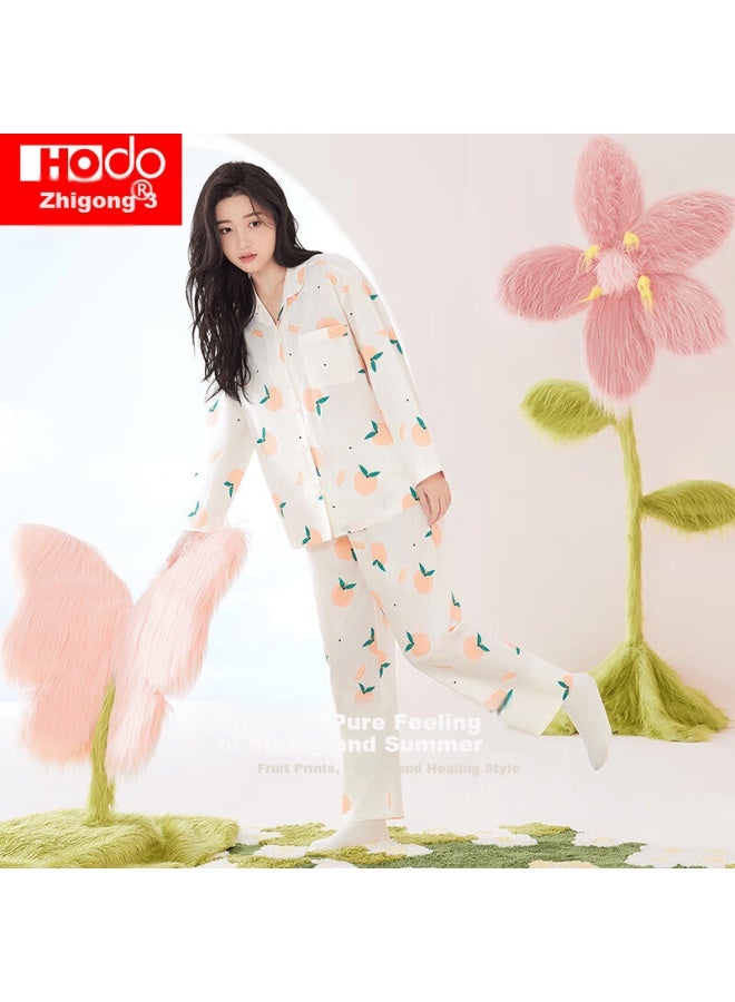 Hongdou Women's Autumn Long Sleeve Gauze Pajamas Breathable Fresh Printed Lapel Homewear Cotton Bud Beige 175 - Image 3