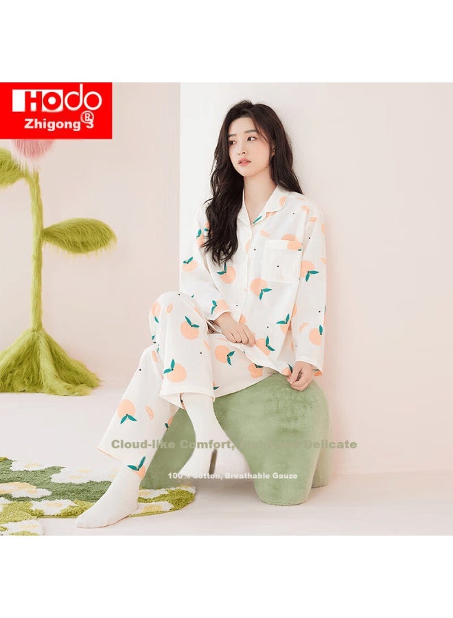 Hongdou Women's Autumn Long Sleeve Gauze Pajamas Breathable Fresh Printed Lapel Homewear Cotton Bud Beige 175 - Image 1
