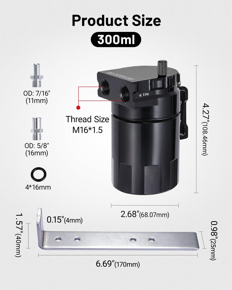 EVIL ENERGY Oil Catch Can, 300ML Universal Baffled Catch Can Kit with 5FT 3/8 Inch Hose, Aluminum Air Oil Separator Upgraded Internal Filter - Image 3