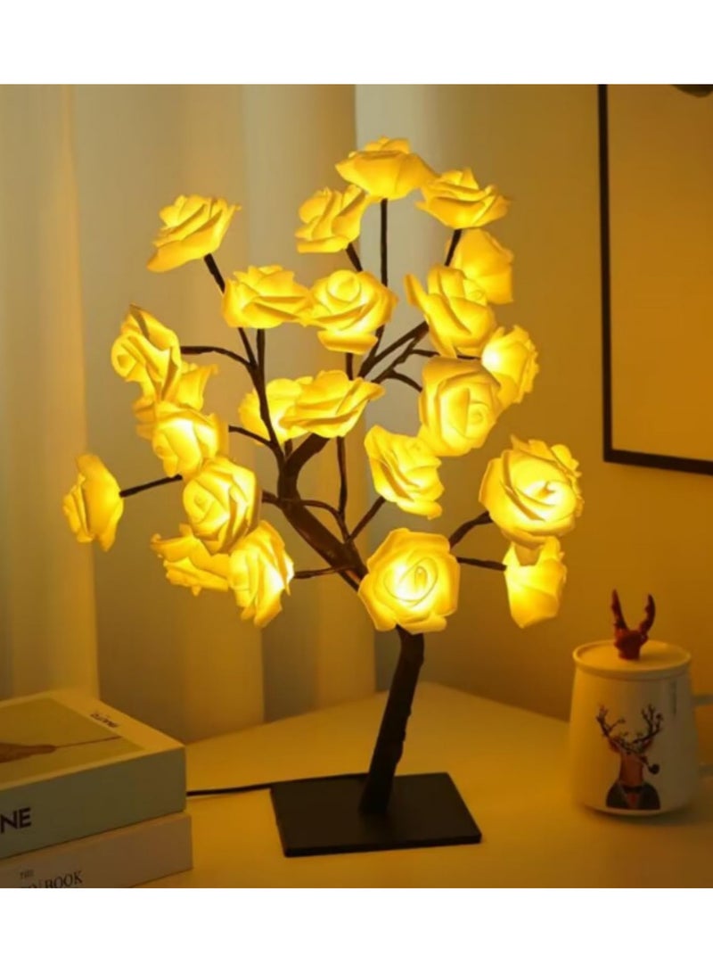 مصباح مكتبي على شكل شجرة ورد بـ 24 LED، مزود بالطاقة عبر USB، زهرة صناعية، إضاءة ليلية لغرف النوم والمعيشة، زينة لحفلات الزفاف وعيد الحب، لون أبيض - Image 1
