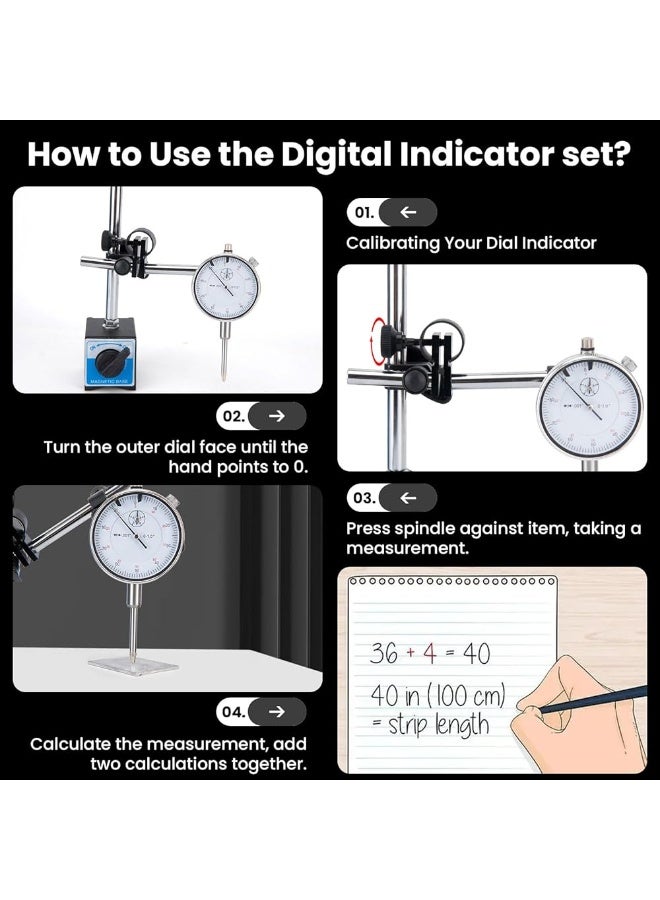 Dial Indicator Gauge with Magnetic Base, 22PCS Precision Indicator Set, 0.01mm Fine Adjustment Measuring Tool for Lathe, 3D Printer, Woodworking & Industrial Inspection - Image 4
