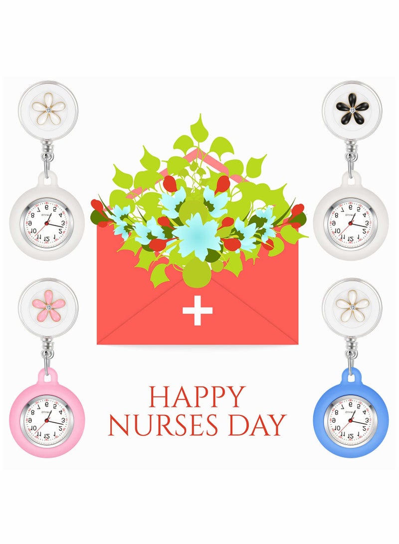 SOLARAE Retractable Nurse Watches, Clip-on Hanging Fob Portable Pocket Watch with Cute Flower Pattern, Lapel Watches for Nurses Doctors with Silicone Cover - Image 2