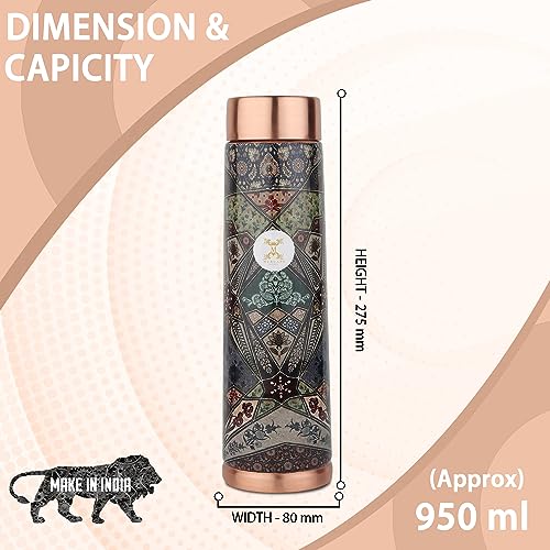 MERCAPE® - Copper Bottles, 100% Pure Copper Anti Rust Anti Oxidant Leak Proof Floral Meena Printed BPA Free Water Flask Kitchen Accessory, Fancy Bottle For Kids Office Gym Travel (950 ML) - Image 3