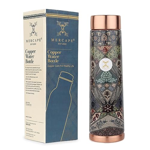 MERCAPE® - Copper Bottles, 100% Pure Copper Anti Rust Anti Oxidant Leak Proof Floral Meena Printed BPA Free Water Flask Kitchen Accessory, Fancy Bottle For Kids Office Gym Travel (950 ML) - Image 1