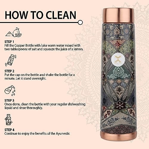 MERCAPE® - Copper Bottles, 100% Pure Copper Anti Rust Anti Oxidant Leak Proof Floral Meena Printed BPA Free Water Flask Kitchen Accessory, Fancy Bottle For Kids Office Gym Travel (950 ML) - Image 5