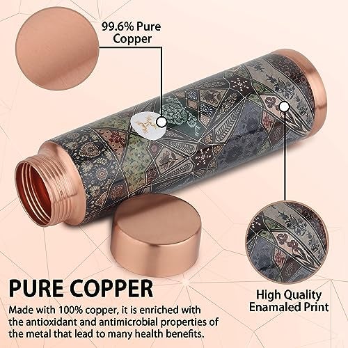 MERCAPE® - Copper Bottles, 100% Pure Copper Anti Rust Anti Oxidant Leak Proof Floral Meena Printed BPA Free Water Flask Kitchen Accessory, Fancy Bottle For Kids Office Gym Travel (950 ML) - Image 4
