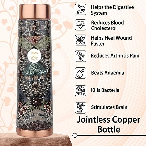 MERCAPE® - Copper Bottles, 100% Pure Copper Anti Rust Anti Oxidant Leak Proof Floral Meena Printed BPA Free Water Flask Kitchen Accessory, Fancy Bottle For Kids Office Gym Travel (950 ML) - Image 2
