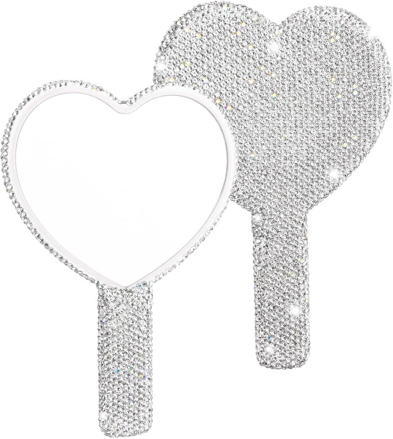 Framendino, 1 Pack Rhinestone Handheld Mirror Heart Bling Glitter Cosmetic Dazzling Portable Hand Mirrors with Handle for Women (White)