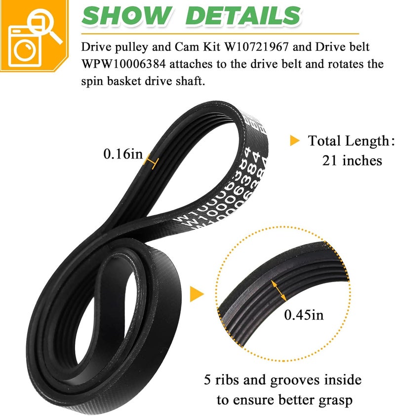 Techecook W10721967 Washer Pulley Clutch Kit & W10006384 Drive Belt by - Compatible for Whirlpool Kenmore Maytag washing machine Replaces PS10057144 W10006354 W10006356 W10239973 WTW5000DW1 MVWX655DW1 - Image 3