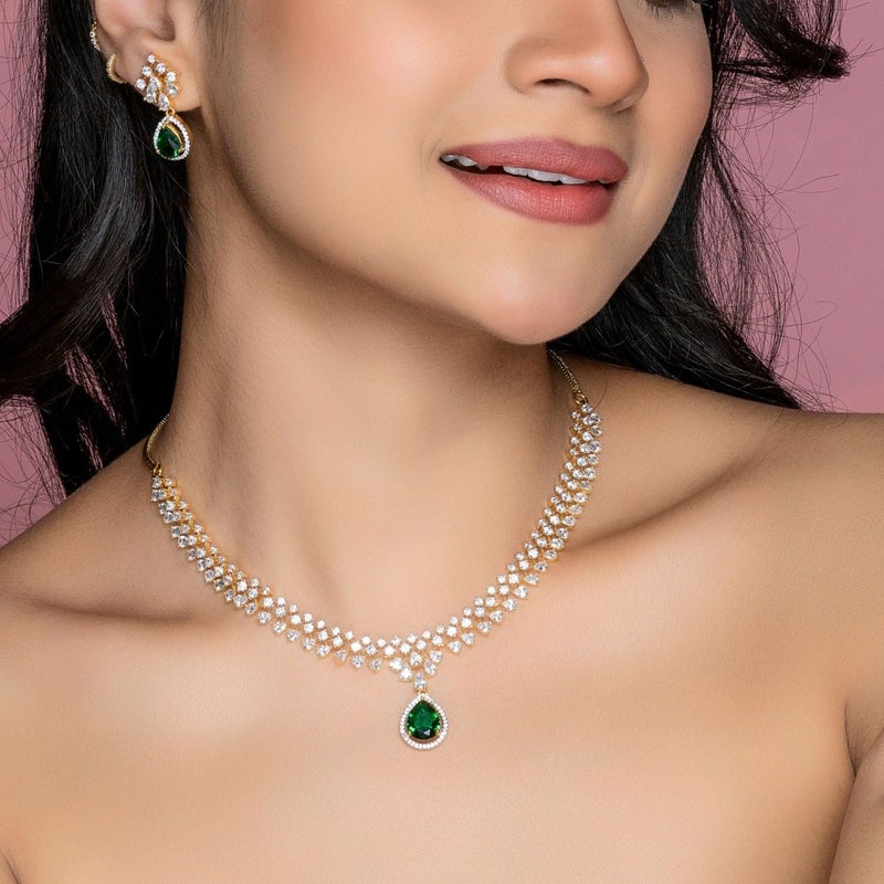 TARINIKA Green and White Cubic Zirconia(CZ) Indian Necklace Set with Earrings, Gold Plated Brass Fashion Indian Jewelry Gift for Women Bollywood Costume Jewellery (Rosemary CZ) - Image 3