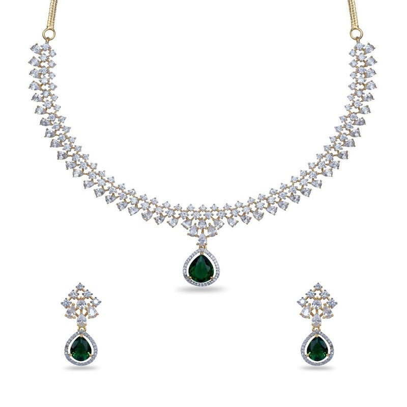 TARINIKA Green and White Cubic Zirconia(CZ) Indian Necklace Set with Earrings, Gold Plated Brass Fashion Indian Jewelry Gift for Women Bollywood Costume Jewellery (Rosemary CZ) - Image 1