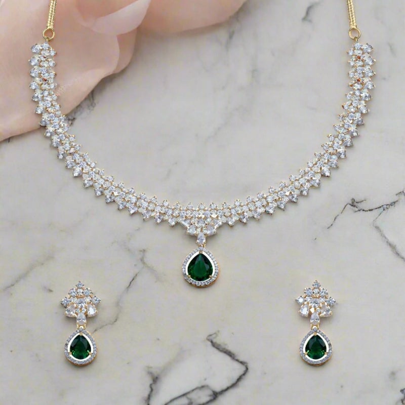 TARINIKA Green and White Cubic Zirconia(CZ) Indian Necklace Set with Earrings, Gold Plated Brass Fashion Indian Jewelry Gift for Women Bollywood Costume Jewellery (Rosemary CZ) - Image 2