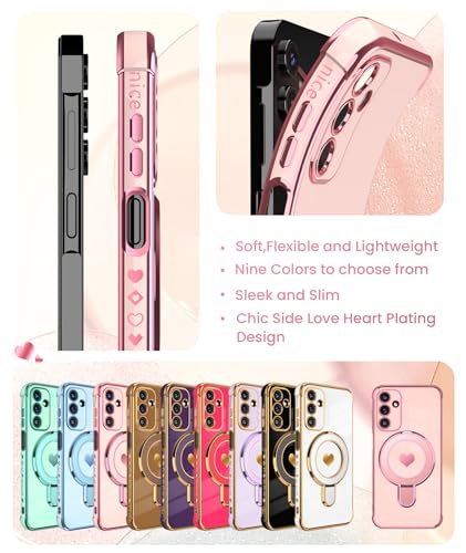 Liufcx for Samsung Galaxy A15 5G Love Heart Kickstand Case with 2X Screen Protector: Luxury Plated Gold Edge Slim Soft TPU Shockproof Protection Case Cover for Galaxy A15 (Pink) - Image 5