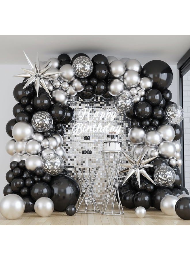 Paeyeq Black and Silver Balloon Garland Arch Kit with 3pcs Star Balloons, Silver and Black Balloon Confetti Latex Balloons for Birthday Wedding Graduation Baby Shower Disco Anniversary Party Decorations - Image 1