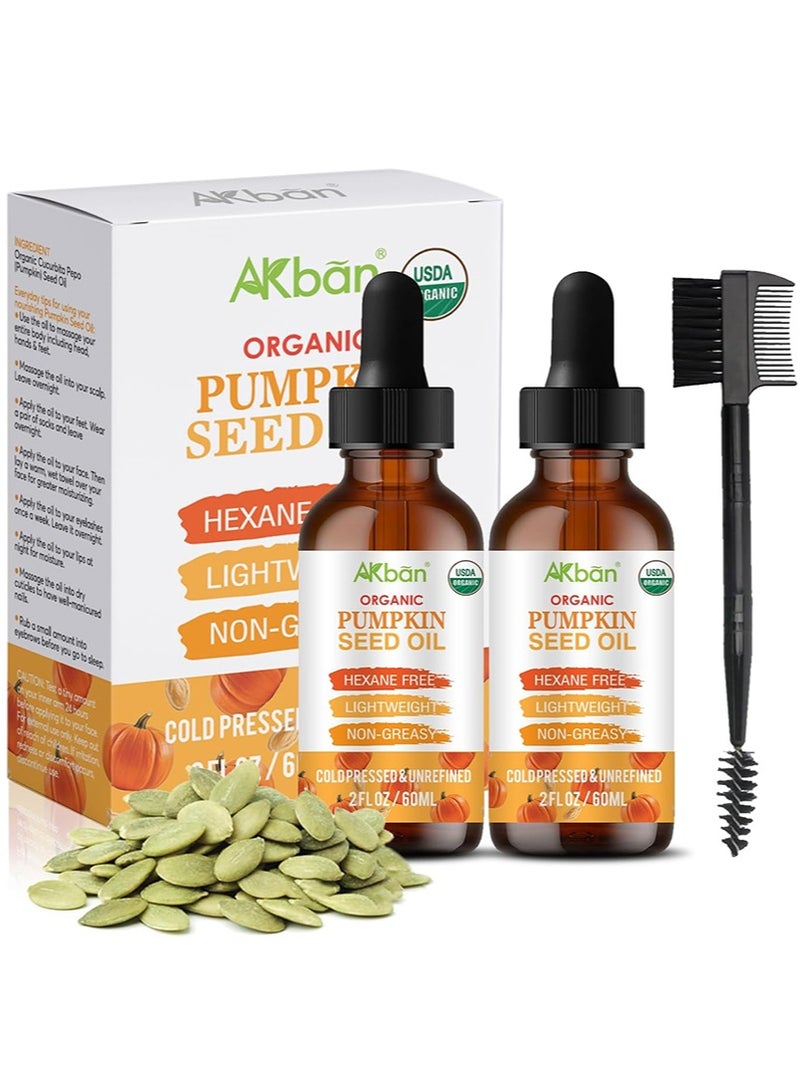 AKban Pumpkin Seed Oil for Hair Growth, USDA 100% Pure Natural Cold Pressed Organic, Moisturizing and Nourishing Dry Damaged Hair and Scalp, for Skin Care, Hair Care, Body Massage, 2 fl oz + 2 fl oz  - Image 1