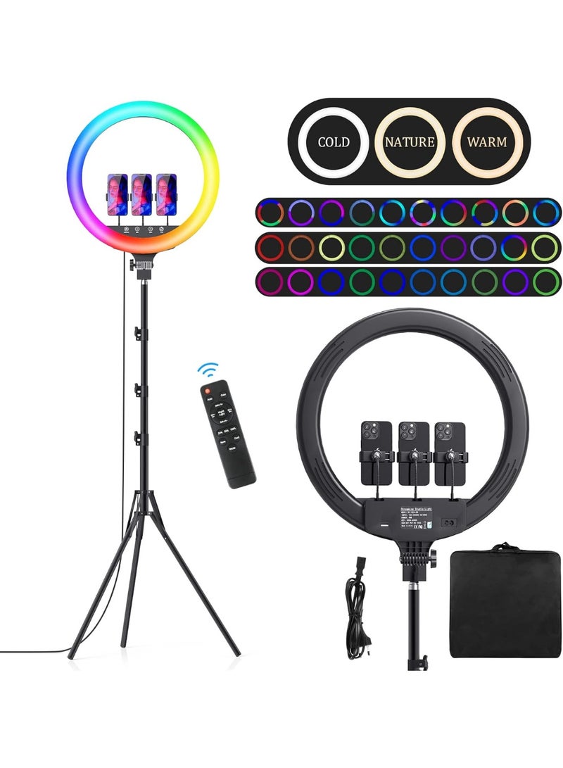 حلقة ضوء LED RGB 18 بوصة، مجموعة إضاءة ملونة Heorryn 48 سم مع ترايبود 200 سم و 3 حوامل هواتف – 3 أوضاع بيضاء، 21 وضع RGB، 9 مستويات سطوع - Image 1