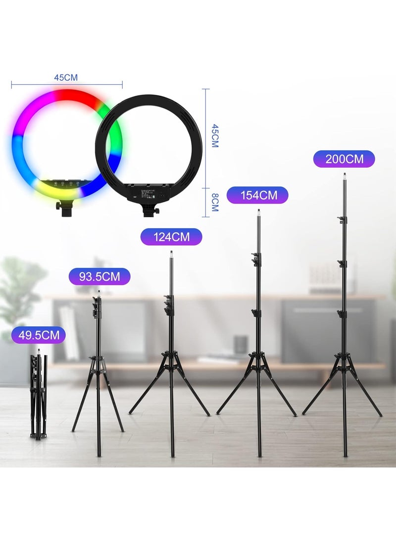 حلقة ضوء LED RGB 18 بوصة، مجموعة إضاءة ملونة Heorryn 48 سم مع ترايبود 200 سم و 3 حوامل هواتف – 3 أوضاع بيضاء، 21 وضع RGB، 9 مستويات سطوع - Image 2
