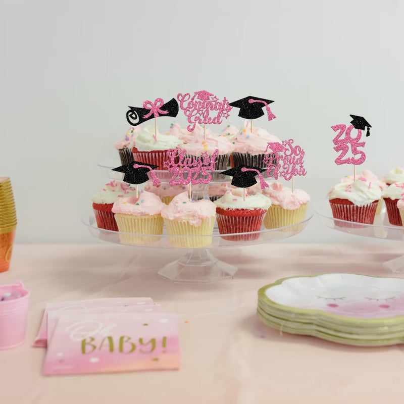 RSSTARXI 36 PACK تهانينا GRAD 2025 CURGCAKE CUPCAKE TOPCAKE PLATLITE DIPLOMA GRAD CAPCAKE تختار ديكورات فئة 2025 تخرج من كعكة التخرج الوردي - Image 4