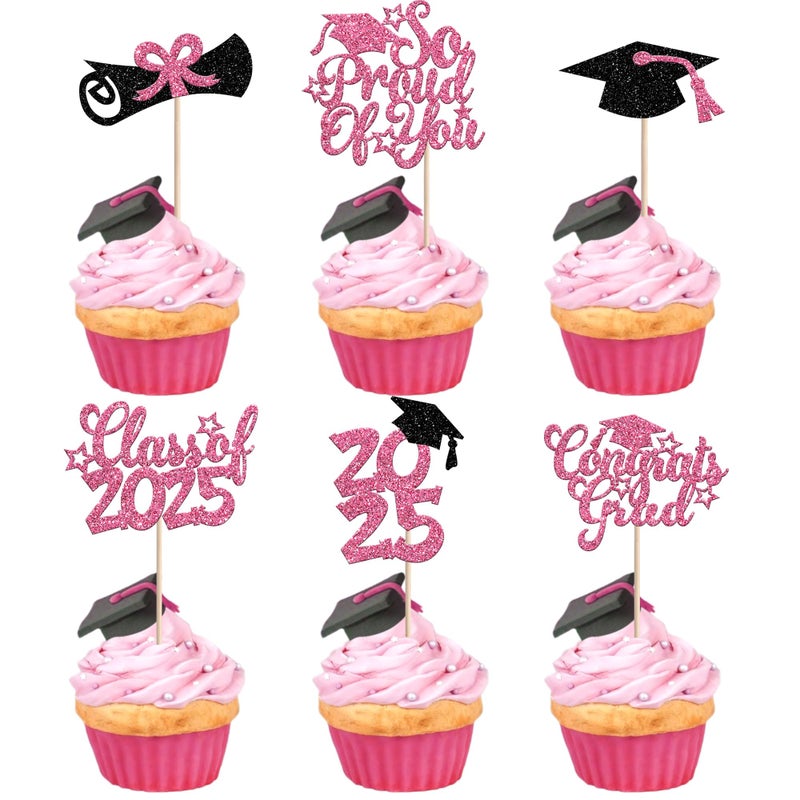 RSSTARXI 36 PACK تهانينا GRAD 2025 CURGCAKE CUPCAKE TOPCAKE PLATLITE DIPLOMA GRAD CAPCAKE تختار ديكورات فئة 2025 تخرج من كعكة التخرج الوردي - Image 1