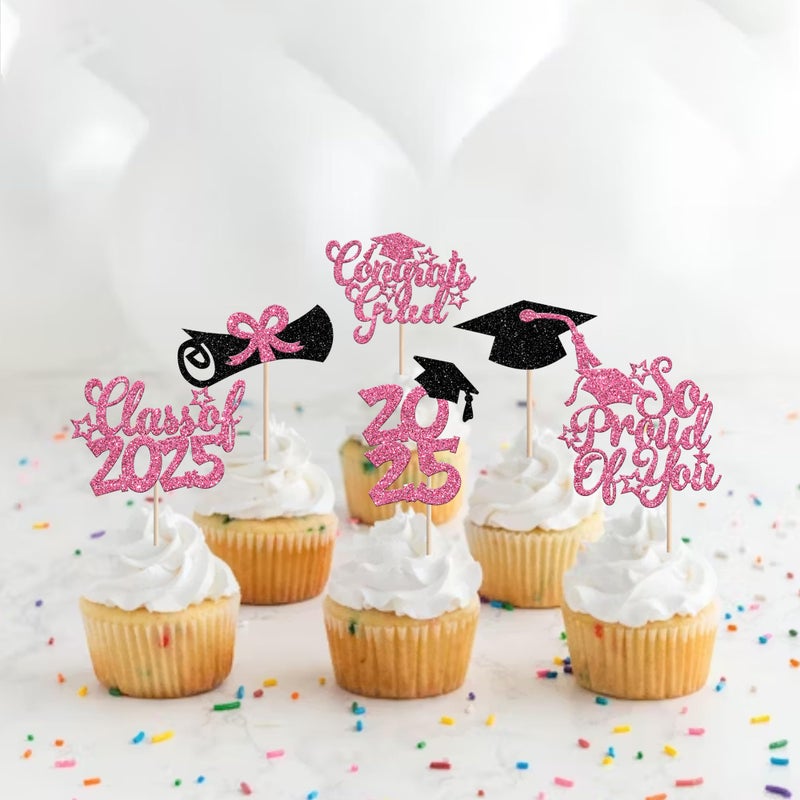 RSSTARXI 36 PACK تهانينا GRAD 2025 CURGCAKE CUPCAKE TOPCAKE PLATLITE DIPLOMA GRAD CAPCAKE تختار ديكورات فئة 2025 تخرج من كعكة التخرج الوردي - Image 3
