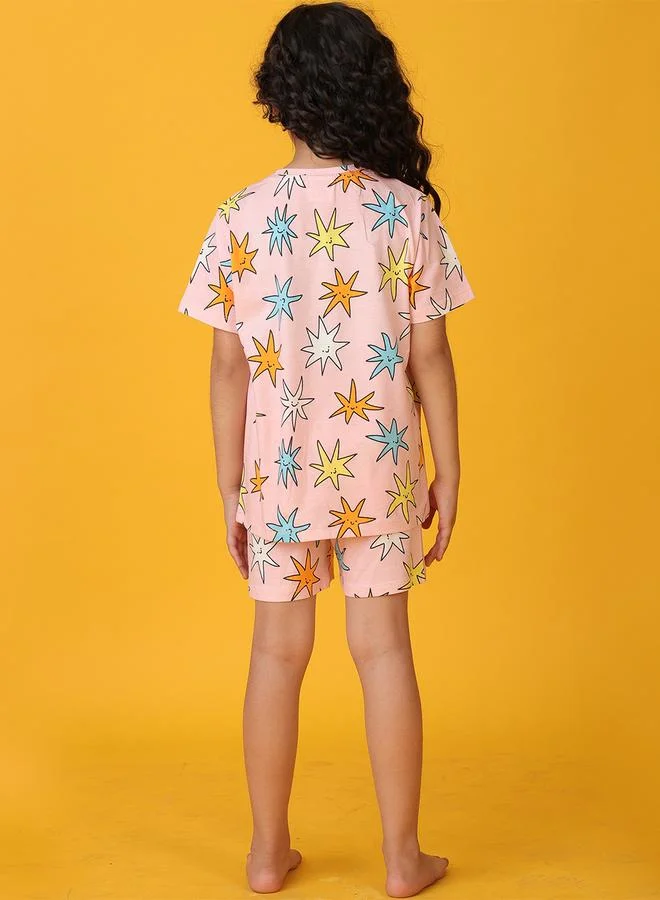 Anthrilo Girls Pink Star Print Cotton T-Shirt and Short Set
