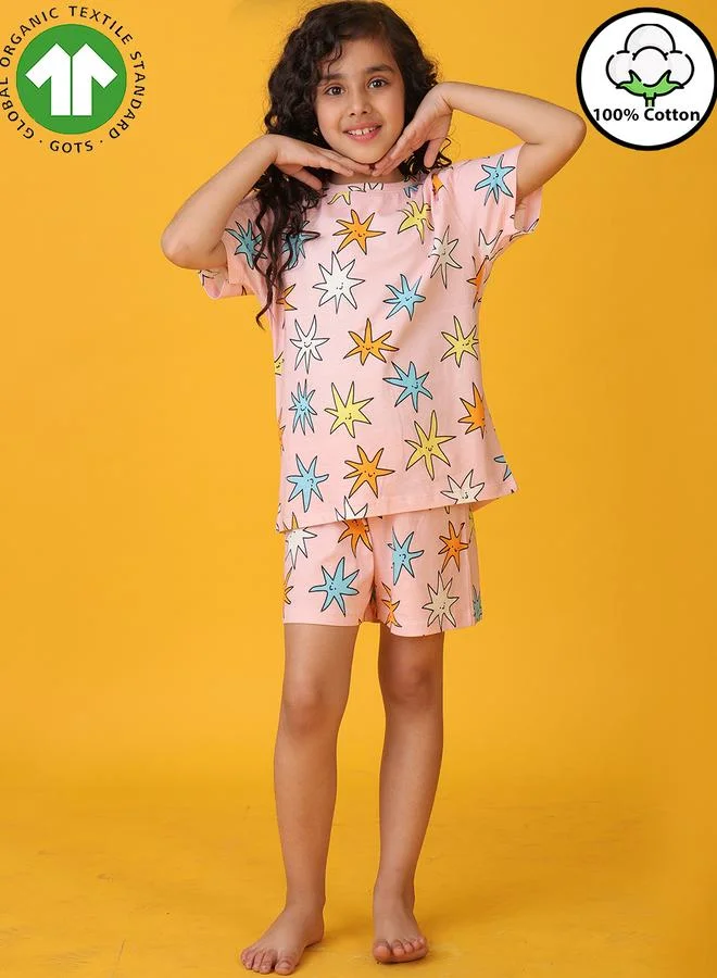 Anthrilo Girls Pink Star Print Cotton T-Shirt and Short Set